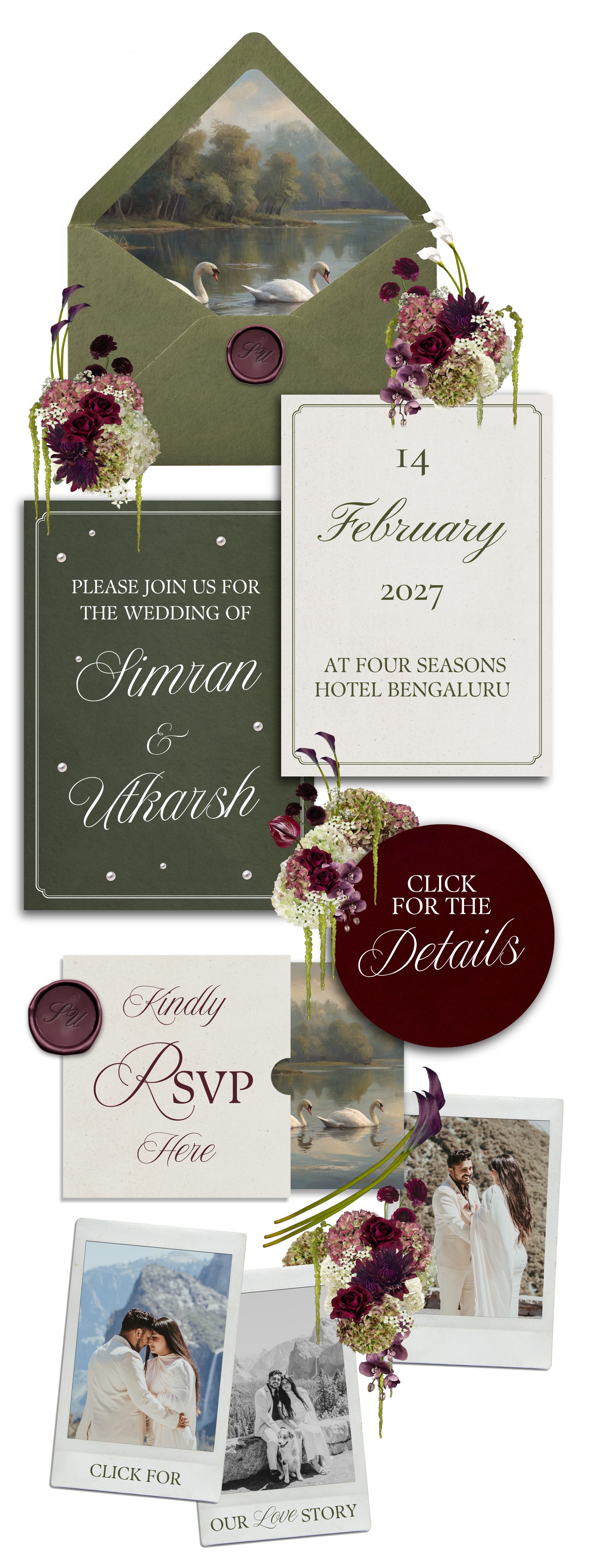 The wedding invitation suite of Simran and Utkarsh: an opened olive envelope lined with a painted swan lake, burgundy florals, an invitation card reading “Please join us for the wedding of Simran & Utkarsh”, a date card reading “14 February 2027 at Four Seasons Hotel Bengaluru”, a Kindly RSVP card sealed in wax, and polaroid photographs of the couple