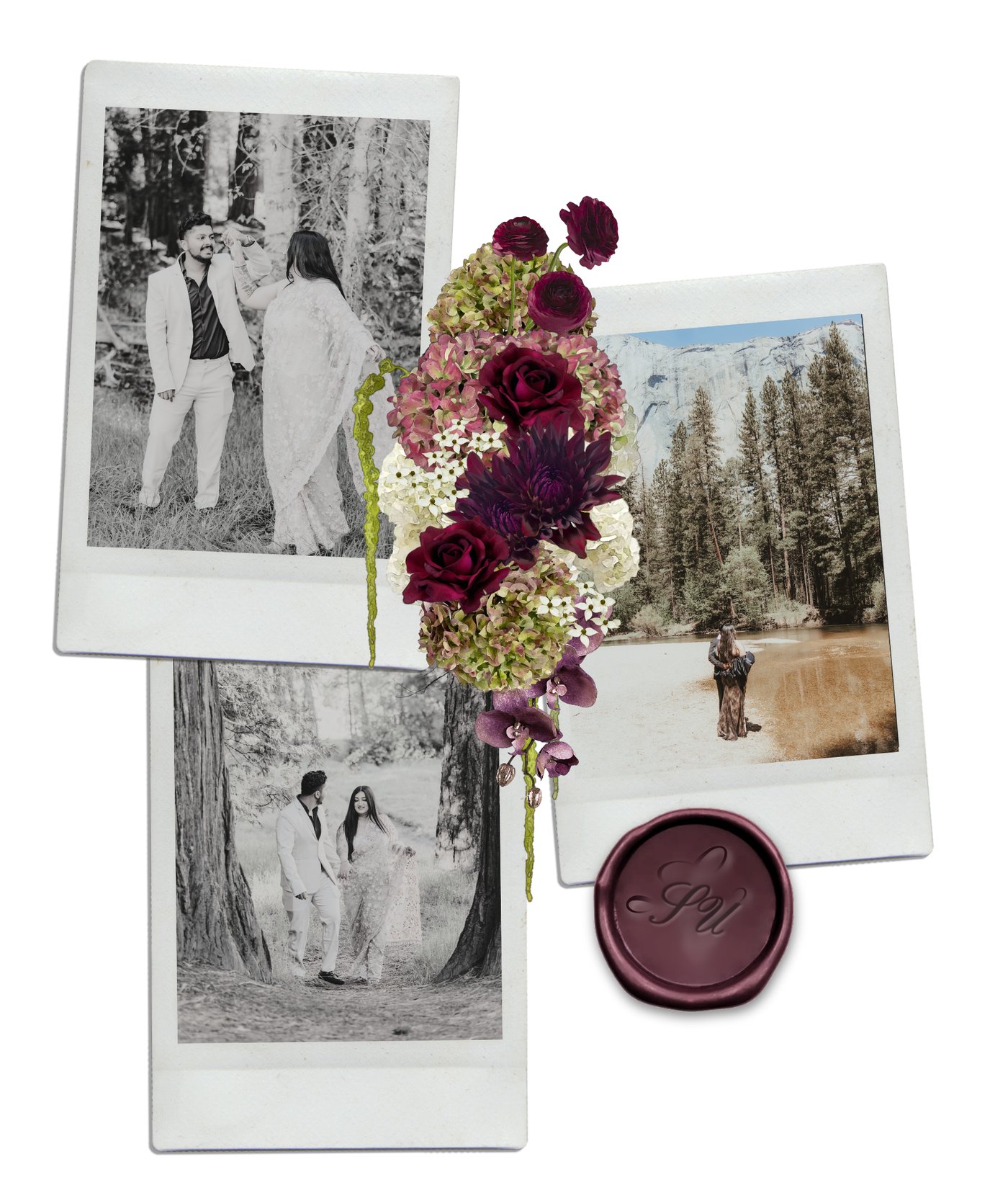 Polaroid photographs of Simran and Utkarsh in the forest and by the river, arranged with burgundy florals and a wax seal monogrammed S U